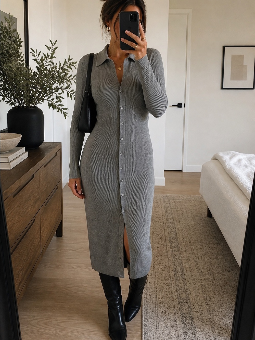 Quince Ribbed Knit Sweater Dress Gray L Button Front Collared Minimalist